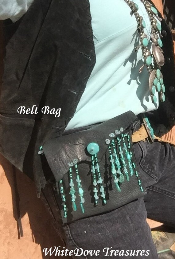 Sale Leather Beaded Black Belt Bag Southwest Santafe Waist  display picture 1