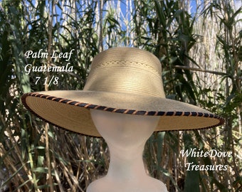 Southwest Palm Leaf Hat 7 1/8 Guatemala Western Ranch Bolero Brim Stitching Santa Fe Spanish Style Garden Gift Sunshade UPF 50 Hiker Fishing