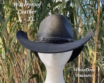 Sombrero vaquero de cuero negro en oferta, tallas L-XL, unisex, estilo rancho occidental, estilo Santa Fe, estilo vaquero australiano, para paseos por el monte, impermeable.