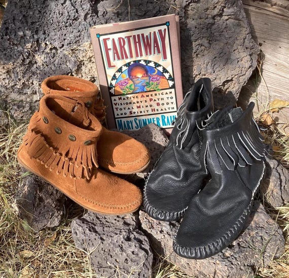 Vintage Leather Taos Black Moccasin 7, Minnetonka Brown Ankle Boot 5 Rubber Sole, EarthWay Book Mary Summer Rain Wise Woman Mom Dad Gift