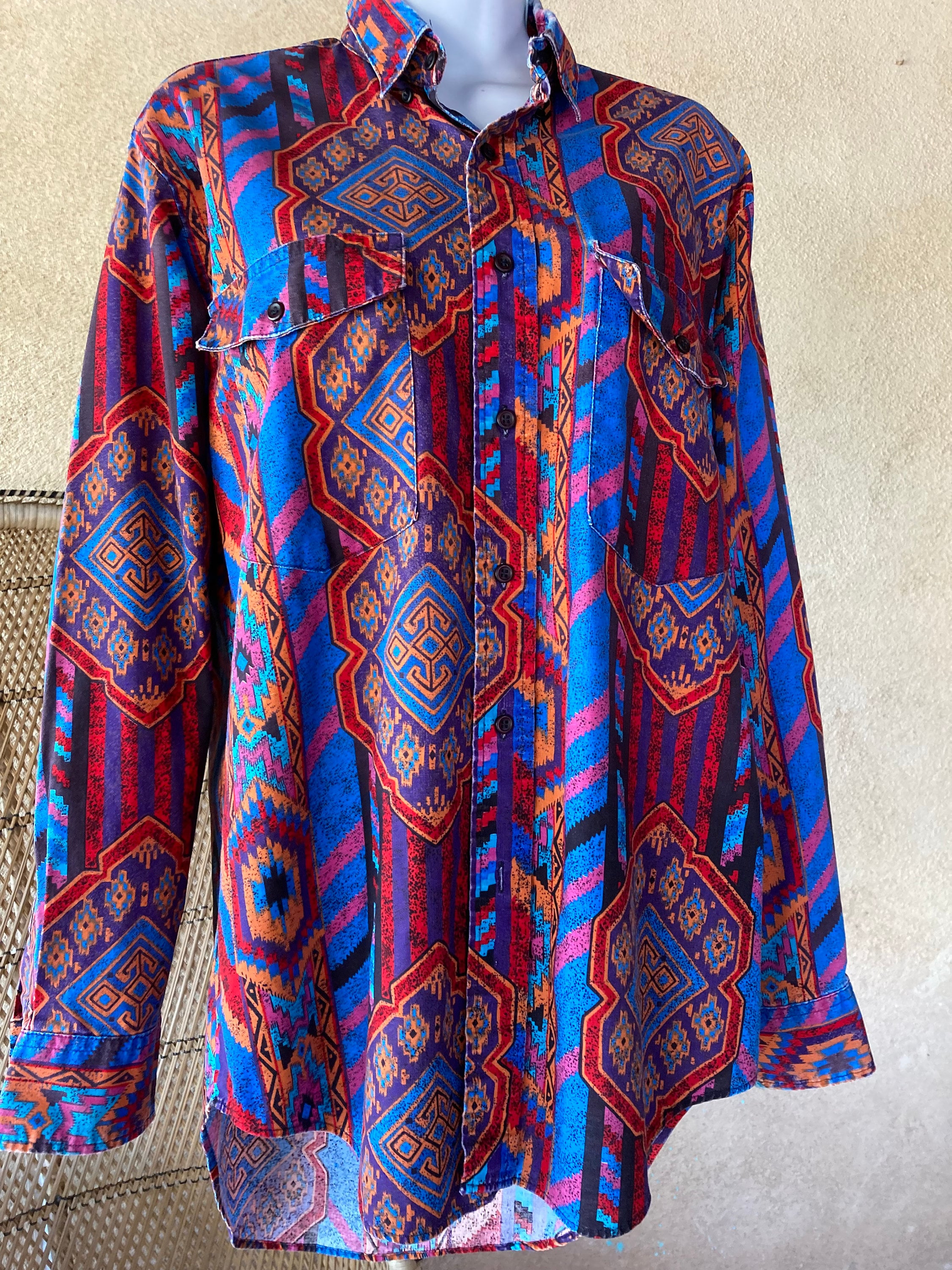 80s Southwest Aztec Cowboy Dress Shirt Retro Western Rodeo Button