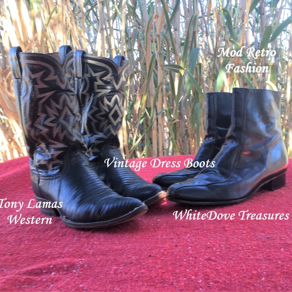 SALE Vintage 70s Tony Lamas Western Cowboy Black Boot Classic Southwest Teju Lizard Leather Dress Boot Urban Cowboy Wedding Dancing Boot
