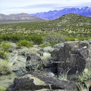 May include: A rocky landscape with petroglyphs carved into the rocks. The text "White Dove Treasures" is visible in the image. The text "Chaparral Field, New Mexico" is also visible in the image.