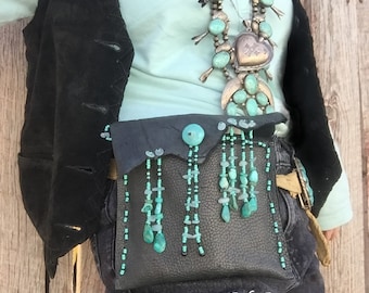 Sale Leather Beaded Black Belt Bag Southwest SantaFe Waist Bag Navajo Style Turquoise Phone Hip Pocket Texas Cowgirl WildWest Festival Pouch