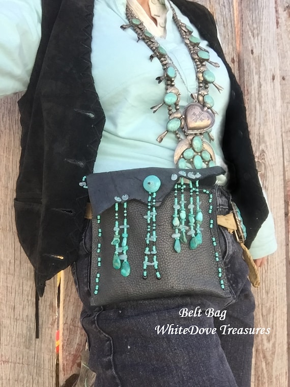 Sale Leather Beaded Black Belt Bag Southwest Santafe Waist  display picture 1