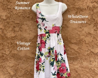 Vintage Couture Summer White Red Floral Party Dress, Elegant Socialite Romance Sleeveless High Waist Cotton Sundress Rose Watercolor Lined