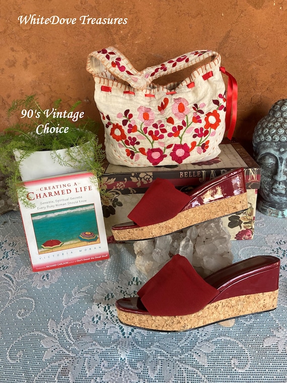 Vintage 90s Red Cork Wedge Sandal Slip On, Steve M