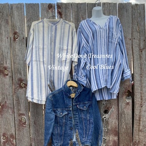 1980s Levis Denim Jean Jacket 36 Unisex Boho Button Up Texture Camp Shirt L Blue Stripe 4X Plus Size Tunic Blouse Long Sleeve Summer Cover image 1