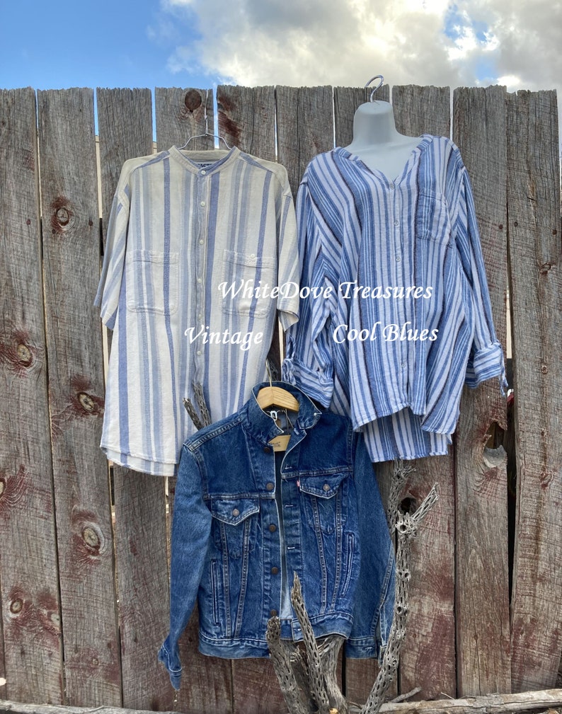 1980s Levis Denim Jean Jacket 36 Unisex Boho Button Up Texture Camp Shirt L Blue Stripe 4X Plus Size Tunic Blouse Long Sleeve Summer Cover image 1