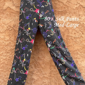 SALE Vintage 80s Black Silk Pants, Carole Little Colorful Abstract Design Elastic Waist Woman M/L Chic Unisex Disco Pajama Classic Comfort