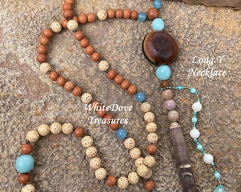 Serene Spirit Surfer Mala Sandalwood Lotus Seed Long Necklace Aromatherapy Boho Beach Sea Bean Wise Woman Meditation Blue Gems Urchin Spine