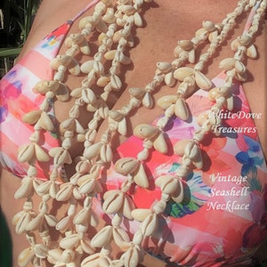 SALE Vintage Seashell Lei Necklace Hawaii Island Retro 80s Aloha Love Beach Wedding Bridesmaid Polynesian White Elephant Gift Cowrie Shells