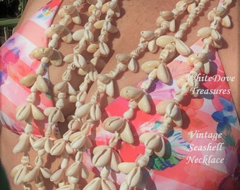 SALE Vintage Seashell Lei Necklace Hawaii Island Retro 80s Aloha Love Beach Wedding Bridesmaid Polynesian White Elephant Gift Cowrie Shells