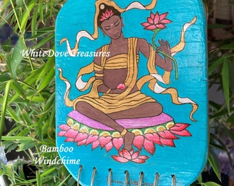 Om Tara Buddha Tao Wind Chime Bamboo Hand Painted Patio Yard Art Black Goddess Buddhist Wind Chime Zen Garden Gift Feng Shui House Blessing