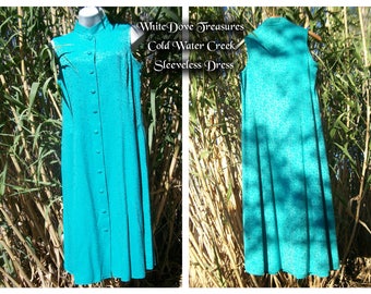 Teal Embroidered Sleeveless Button Up Dress Vintage 80s Coldwater Creek Petite 8 Elegant Aqua ALine Midi Dress Fit Flare Southwest Santa Fe