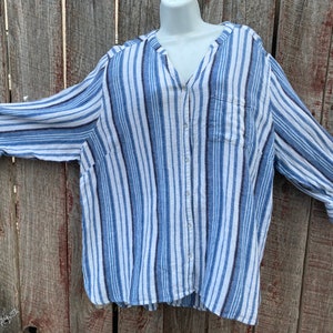 1980s Levis Denim Jean Jacket 36 Unisex Boho Button Up Texture Camp Shirt L Blue Stripe 4X Plus Size Tunic Blouse Long Sleeve Summer Cover image 4