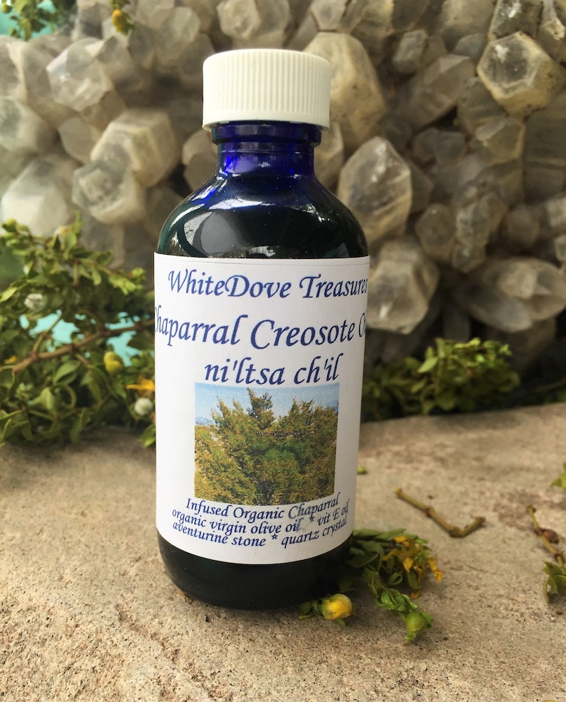 May include: A blue glass bottle with a white lid, labeled "White Dove Treasures Chaparral Creosote Oil ni'ltsa ch'il". The bottle is filled with a dark liquid and is sitting on a light brown surface. The label also says "Infused Organic Chaparral organic virgin olive oil vit E oil aventurine stone quartz crystal".