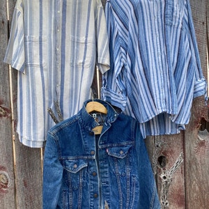 1980s Levis Denim Jean Jacket 36 Unisex Boho Button Up Texture Camp Shirt L Blue Stripe 4X Plus Size Tunic Blouse Long Sleeve Summer Cover image 2