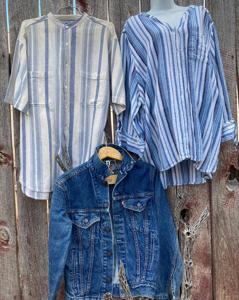 1980s Levis Denim Jean Jacket 36 Unisex Boho Button Up Texture Camp Shirt L Blue Stripe 4X Plus Size Tunic Blouse Long Sleeve Summer Cover image 2