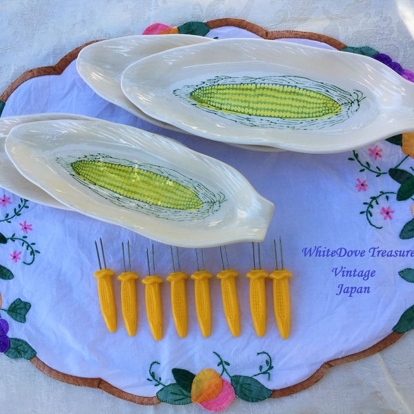 Sale Vintage Japan 1970s Enesco Corn Cob Dish & Cob Holder Spikes Retro Kitchen Picnic Patio Summer Serving Veggie Dish Hot Dog Dish