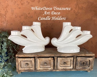 Vintage 1950's Art Deco White Candle Holder Set, Taper Candle Holder Table Centerpiece House Gift Cottage Chic French Country White Decor