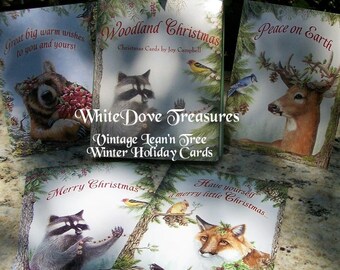 Winter Holiday Greeting Cards ~ Animal Christmas Cards ~ New Year Cards ~ Vintage Lean&#39;n Tree Cards ~ Woodland Cards ~ Happy Holiday Cards