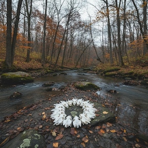 May include: A scenic outdoor shot of a stream flowing through a forest in autumn. A circle of white skulls is arranged on a rock in the foreground. The trees are bare, and the ground is covered in fallen leaves.