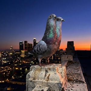 May include: Two pigeons perched on a weathered ledge, silhouetted against a cityscape at dusk. The birds display iridescent feathers, with a backdrop of city lights and a gradient sky of orange, purple, and blue.