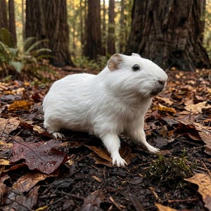 May include: A white guinea pig with a light brown ear stands on a forest floor covered in fallen leaves. The small rodent is the focal point, with a blurred background of tall trees.