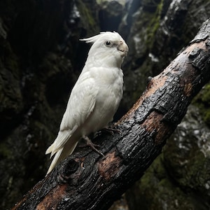 May include: A white cockatoo perched on a dark, textured tree branch. The bird has a distinctive crest and is set against a blurred, dark background. The branch shows signs of charring and weathering, creating a contrast with the bird's bright plumage.