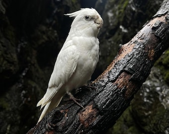 Taxidermia de cacatúa blanca real, ejemplar de loro albino para una decoración bohemia y etérea.