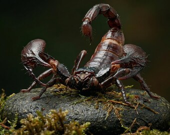 Escorpión de bosque asiático disecado / Arácnido en pose de ataque dinámica / Curiosidad de gabinete de entomología