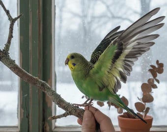 Ejemplar de loro verde real / Pose disponible en vuelo o de pie / Ejemplar de periquito verde ético / Accesorio de curiosidad natural / Suministro de artista