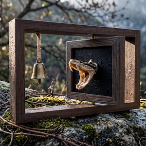 Könnte beinhalten: Ein rechteckiger Rahmen aus dunklem Holz enthält einen kleineren quadratischen Rahmen mit einem montierten Schlangenkopf mit offenem Maul. Eine kleine Messingglocke hängt an einer Juteschnur auf der linken Seite. Die innere Platte ist schwarz.