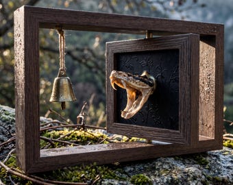 Real Mummified Snake Head in a Spinning Wood Frame | Interactive Pit Viper Taxidermy Desk Decor with Bell | Spooky Curiosity Cabinet Oddity