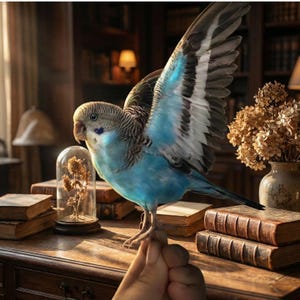 May include: A vibrant blue parakeet with outstretched wings perches on a hand, set against a backdrop of antique books and a glass cloche. The bird's feathers display shades of blue, black, and white. A vase of dried flowers sits nearby, adding to the vintage aesthetic.