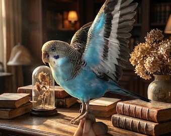 Taxidermia de loro azul, ejemplar de ave real, arte de taxidermia ética, montura de periquito azul, curiosidades de la cultura de los buitres, obsequio conmemorativo para mascotas