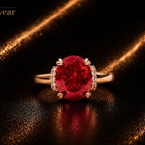 May include: A gold ring featuring a large, oval-cut, vibrant red gemstone as the centerpiece. The setting includes small, clear accent stones along the sides of the band near the main stone. The brand name Monvear is printed in the top left corner.