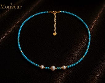 Handmade Turquoise Beaded Necklace, Freshwater Pearl Boho Beach Jewelry