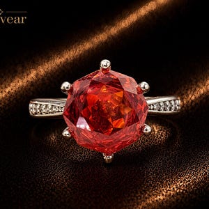 May include: A silver ring featuring a large, round, faceted orange-red gemstone held by six prongs. The band is accented with small, clear, sparkling stones along the sides. The word Monvear is printed in the upper left corner of the image.