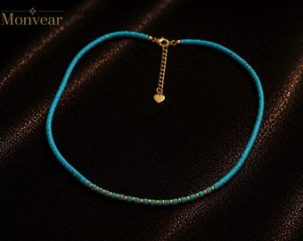 Natural Turquoise Beaded Necklace with Freshwater Pearl, Minimal Boho Summer Necklace, Handmade Beach