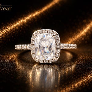 Bague rectangulaire en or blanc plaqué, sertie d'une pierre précieuse de laboratoire blanche taille empereur de 4 carats avec halo.