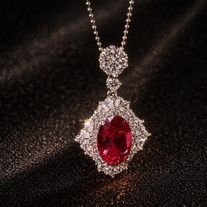 Pode incluir: Um colar com pingente com uma grande pedra preciosa de rubi oval, rodeada por diamantes menores e brilhantes. O pingente pende de uma corrente delicada. A joia está sobre um fundo escuro.