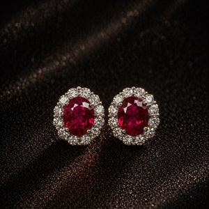 May include: A pair of stud earrings featuring oval-cut, deep red gemstones surrounded by a halo of smaller, clear stones. The earrings are set in a silver-colored metal and rest on a dark, textured surface.