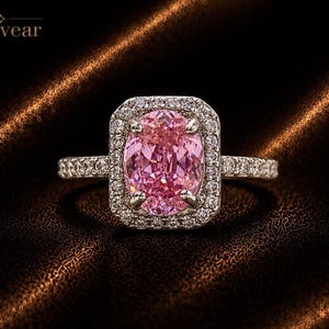May include: A silver-toned ring featuring a large, oval-cut pink centre stone surrounded by a rectangular halo of small, clear pavé-set stones. The band is also encrusted with small clear stones. The text Monvear is visible in the top left corner.