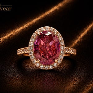 Puede incluir: Un anillo de oro rosa con una piedra preciosa de color rosa intenso de corte ovalado, rodeada por un halo de pequeños diamantes blancos. La banda también está incrustada con pequeños diamantes blancos. El texto Monvear aparece arriba a la izquierda.