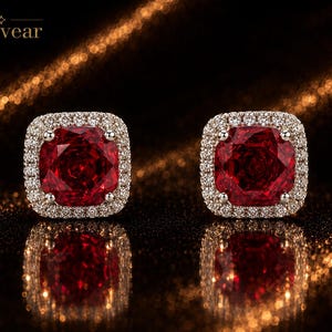 May include: A pair of square-cut red gemstone stud earrings, each featuring a central deep red stone surrounded by a halo of small white pavé stones set in a metallic frame. The text Monvear is visible in the upper left corner of the image.