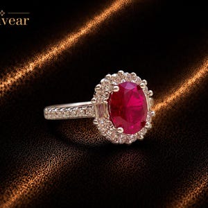 2CT Oval Ruby Red Lab Gemstone Halo Ring, White Gold Plated Statement Jewelry