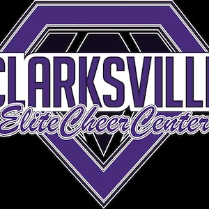 May include: A purple and white logo for Clarksville Elite Cheer Center. The logo is a diamond shape with the words "CLARKSVILLE" in large white letters on a purple background. Below, in cursive, is "Elite Cheer Center".