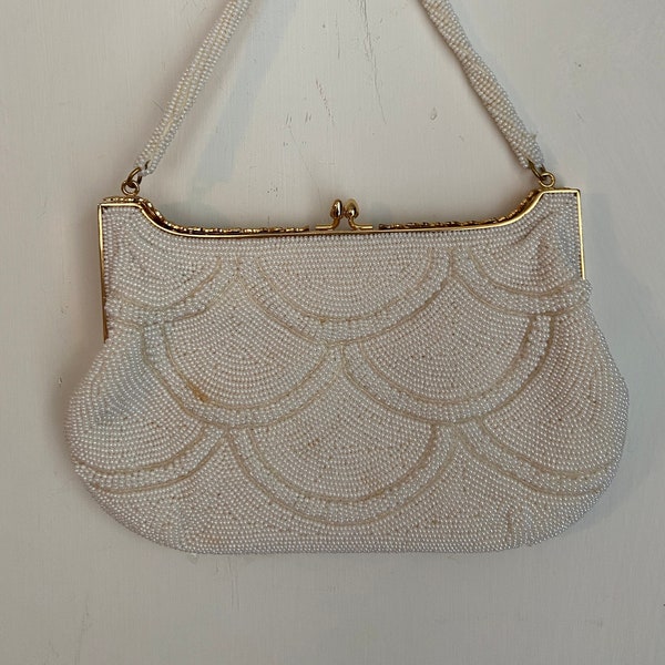 Vintage White Scalloped Beaded Handbag - Evening Bag Purse Gold Lobster Clasp Party Event Collectable Wedding Accessories